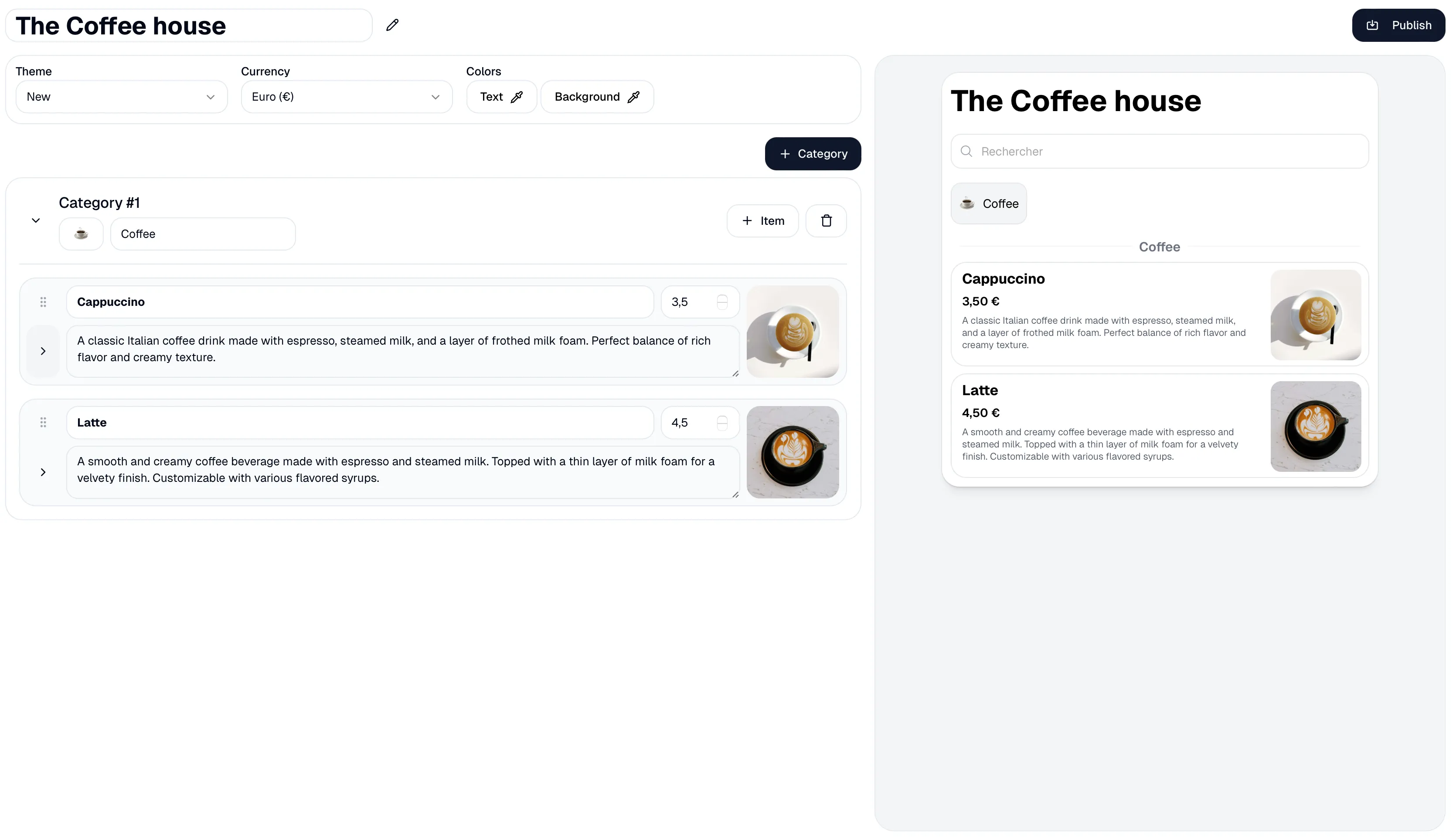 createmenus.com dashboard, menu configurator for restaurant owners